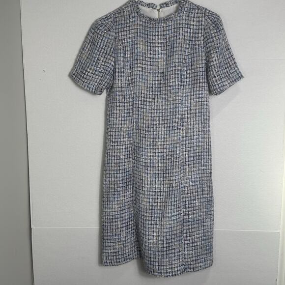 Nanette Lepore Size 6 Tweed Dress Blue Multicolor Metallic Short Sleeve Zip Back - Picture 2 of 9